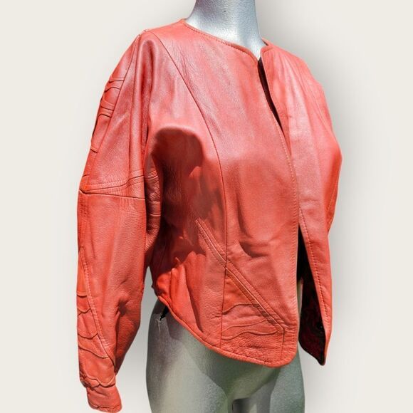 Vintage Coco Tomas Burnt Orange Coral Big Shoulder Cropped Leather Jacket - Picture 7 of 15